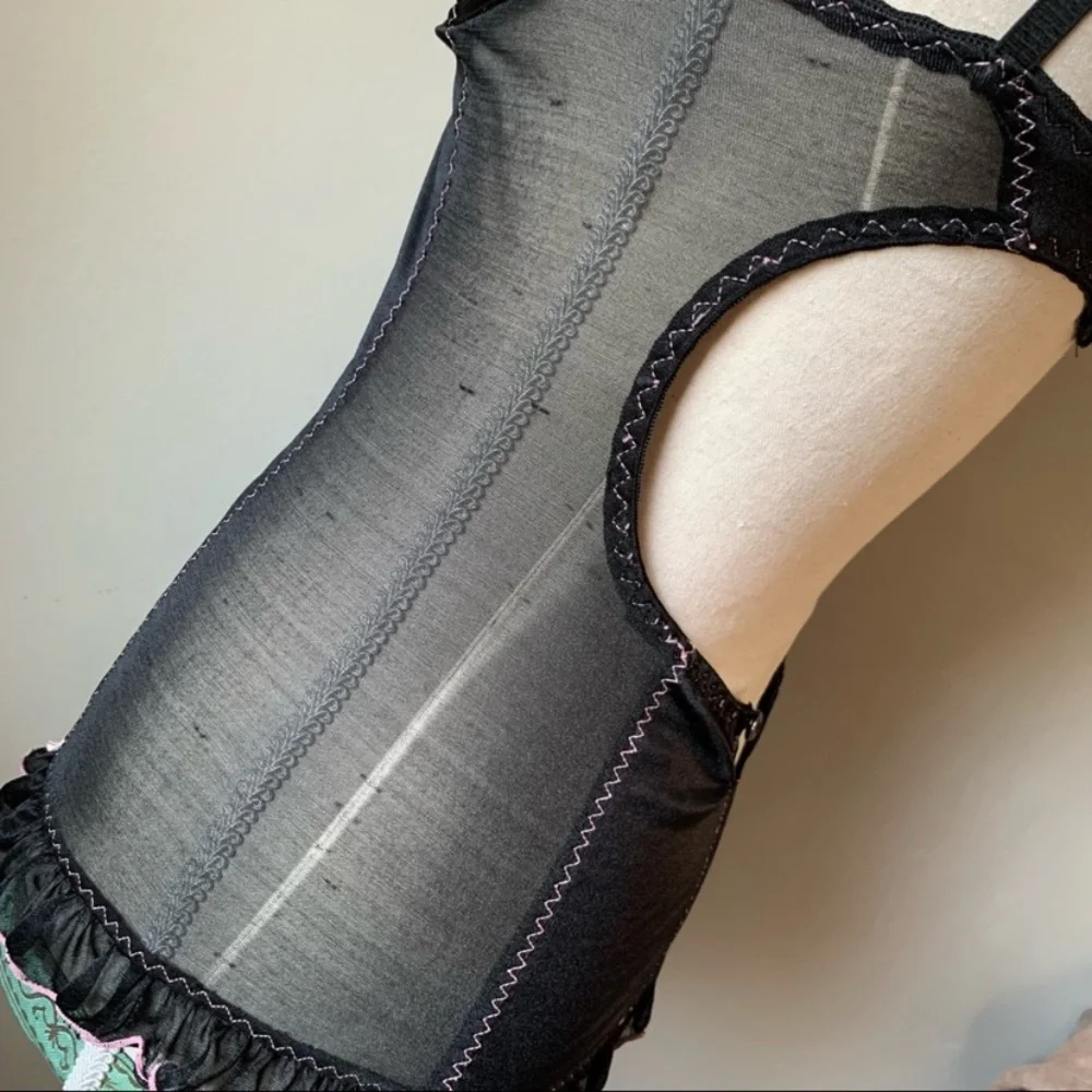 Vintage Y2K Black Satin Corset Style Slip w Pink Trim Set